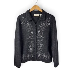 Vintage Studio Works Wool Collared Embroidered Cardigan L Gray Made in Australia